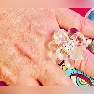LUCITE FLOWER PETTELS ROSE RING CLEAR AND ADJUSTABLE!